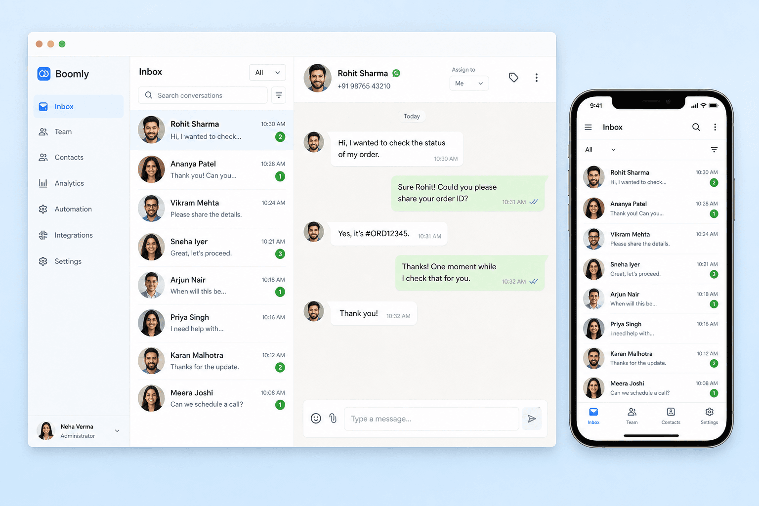 Boomly multiple chat — shared WhatsApp inbox with team queue on desktop and mobile