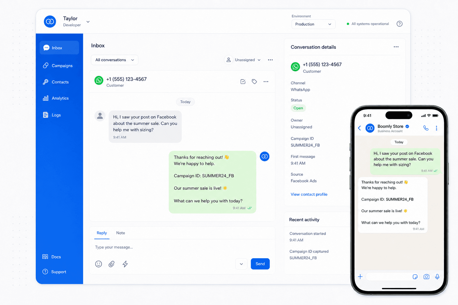 Meta click-to-WhatsApp — ad CTA opens prefilled WhatsApp thread with campaign ID in Boomly