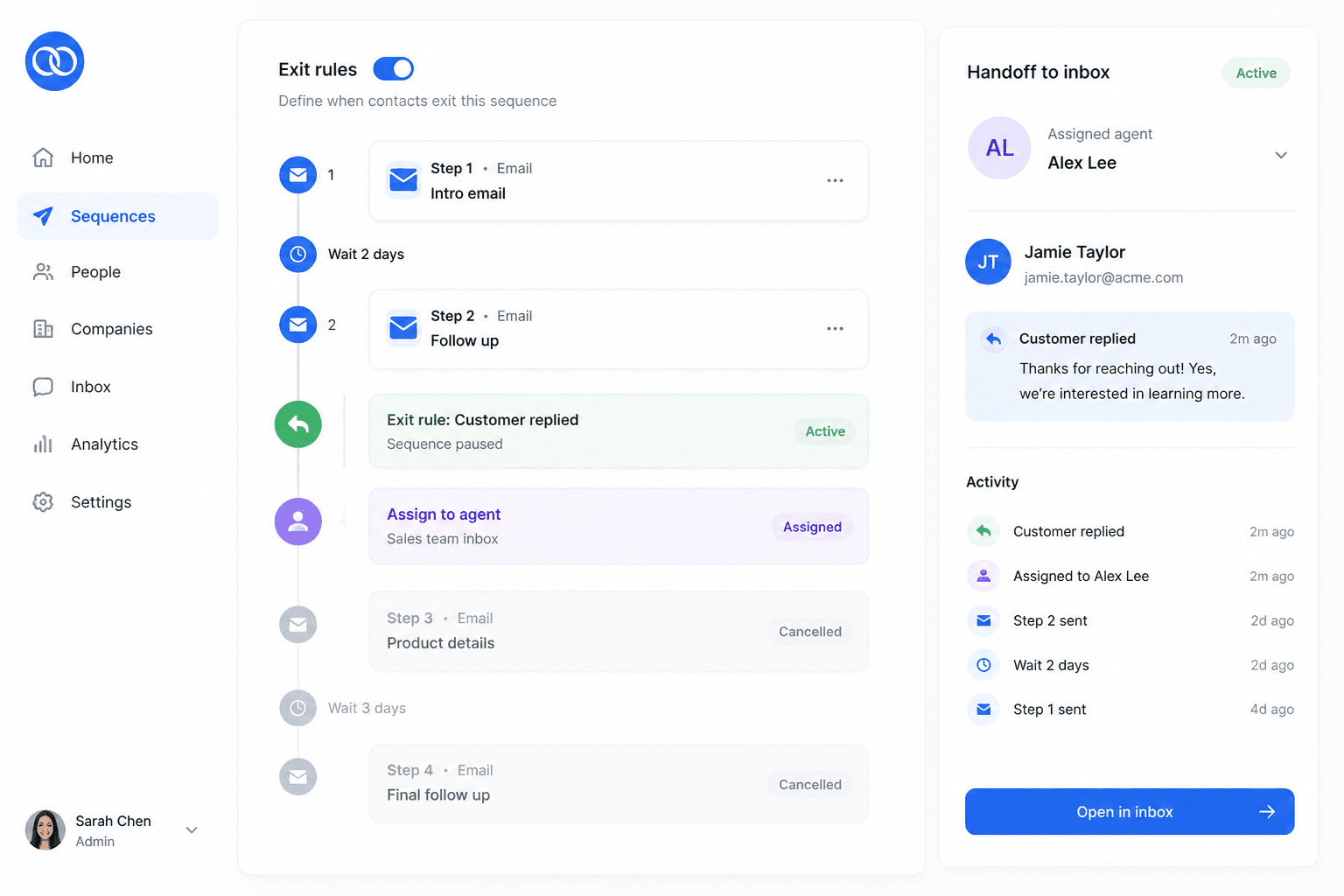 Boomly drip exit rules pausing sequence when customer replies