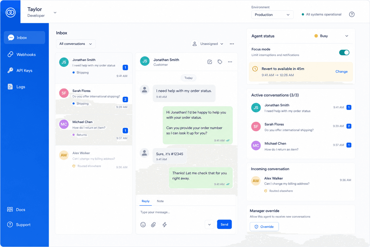 Busy agent focus mode — new chats skip while current threads stay assigned
