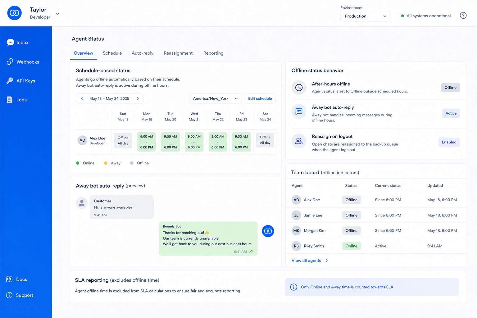 Offline schedule and away bot — chats reassign when agents log out