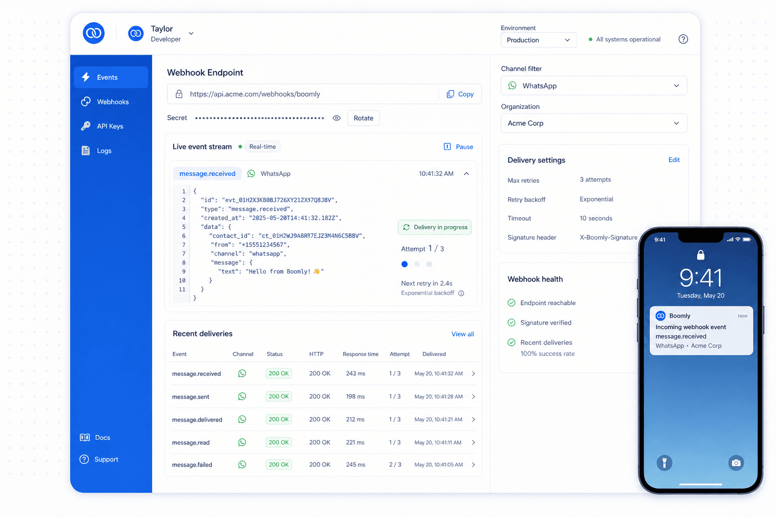 Boomly real-time webhooks — HTTPS endpoints, event payloads with contact IDs, and channel filters