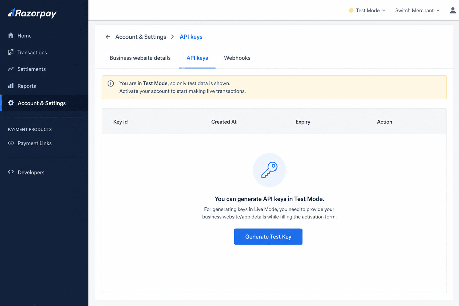 Razorpay API keys page with Generate Test Key button