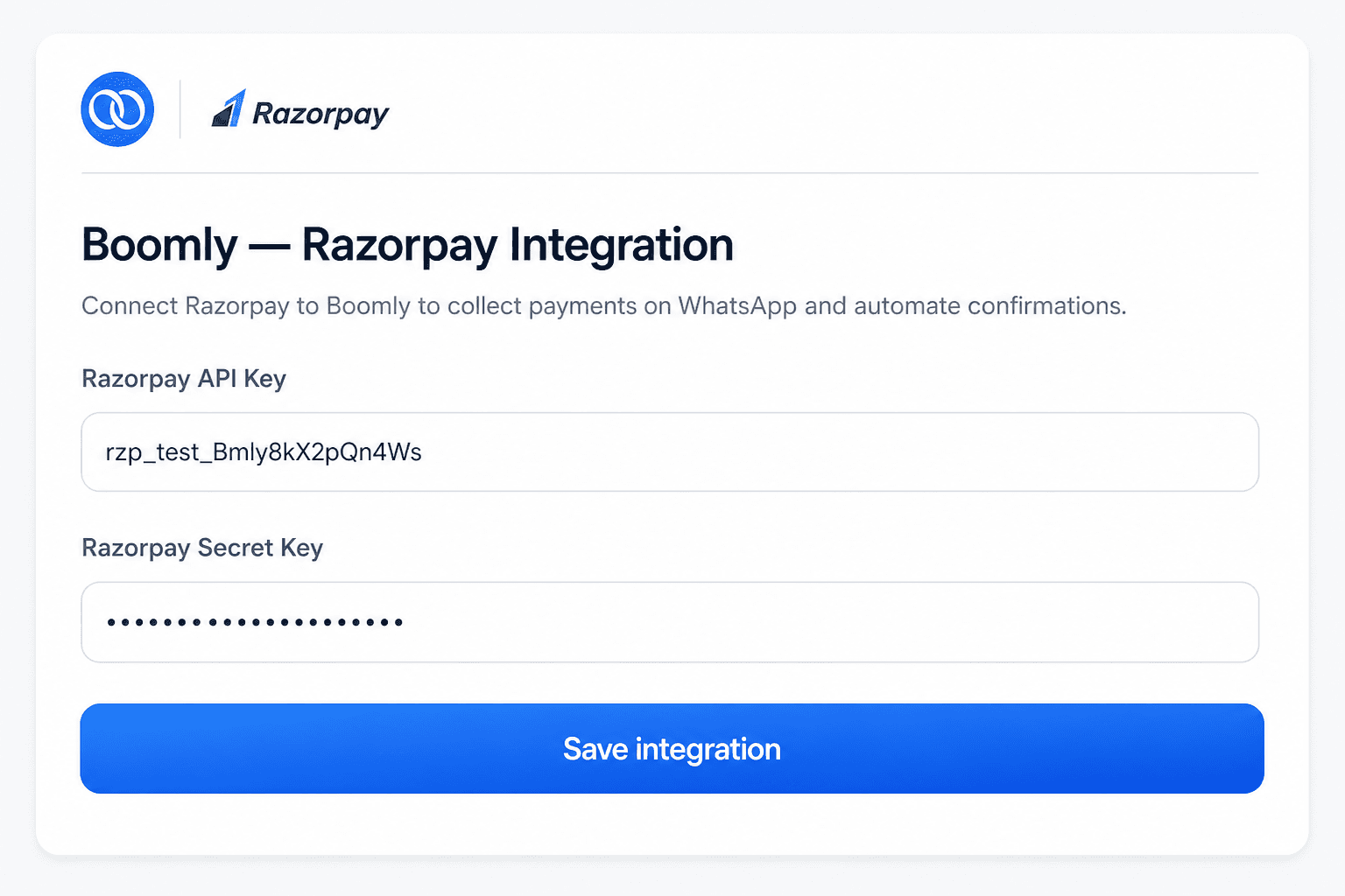 Boomly Razorpay integration form with API key and secret fields