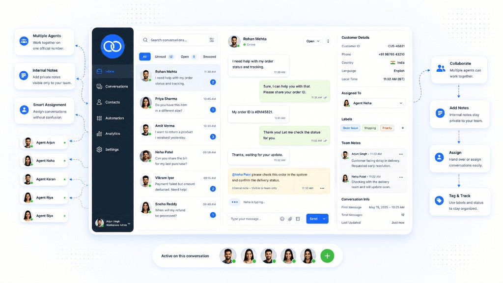 Boomly shared inbox — multiple agents collaborating on one WhatsApp number